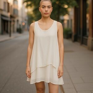 Vintage Italy Two Tier Silk Dress Ivory Sequins Flowy Chiffon Sleeveless LWD